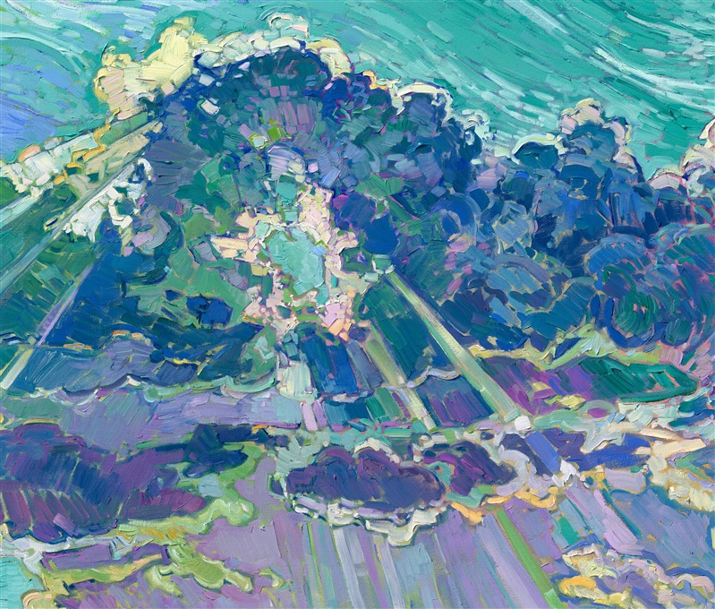 Rolling clouds hang low over the horizon, parting for the long rays of late afternoon sun to streak through and illuminate the ground below. The pathway leads you into the painting, into a world of beauty and light brought to life with thick, impasto brush strokes of oil paint. </p><p>Erin Hanson creates her Open Impressionism paintings using only five colors, and she tries not to overlap her brushstrokes, getting the painting "right the first time." The underpainting peeks out between the brush strokes, creating a mosaic, or stained glass, look to her paintings. This large painting will be displayed at "The Colossal Collection" at The Erin Hanson Gallery in August, 2025.