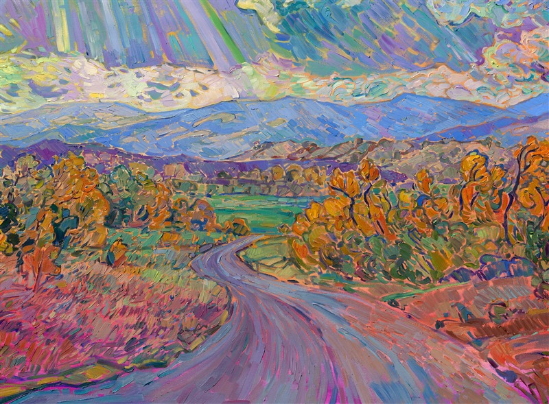 Rolling clouds hang low over the horizon, parting for the long rays of late afternoon sun to streak through and illuminate the ground below. The pathway leads you into the painting, into a world of beauty and light brought to life with thick, impasto brush strokes of oil paint. </p><p>Erin Hanson creates her Open Impressionism paintings using only five colors, and she tries not to overlap her brushstrokes, getting the painting "right the first time." The underpainting peeks out between the brush strokes, creating a mosaic, or stained glass, look to her paintings. This large painting will be displayed at "The Colossal Collection" at The Erin Hanson Gallery in August, 2025.