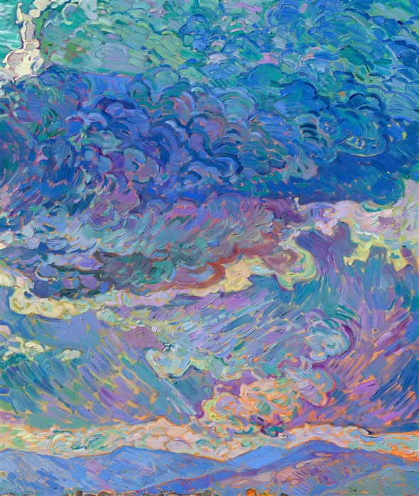 Rolling clouds hang low over the horizon, parting for the long rays of late afternoon sun to streak through and illuminate the ground below. The pathway leads you into the painting, into a world of beauty and light brought to life with thick, impasto brush strokes of oil paint. </p><p>Erin Hanson creates her Open Impressionism paintings using only five colors, and she tries not to overlap her brushstrokes, getting the painting "right the first time." The underpainting peeks out between the brush strokes, creating a mosaic, or stained glass, look to her paintings. This large painting will be displayed at "The Colossal Collection" at The Erin Hanson Gallery in August, 2025.