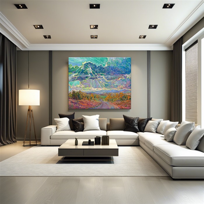 Rolling clouds hang low over the horizon, parting for the long rays of late afternoon sun to streak through and illuminate the ground below. The pathway leads you into the painting, into a world of beauty and light brought to life with thick, impasto brush strokes of oil paint. </p><p>Erin Hanson creates her Open Impressionism paintings using only five colors, and she tries not to overlap her brushstrokes, getting the painting "right the first time." The underpainting peeks out between the brush strokes, creating a mosaic, or stained glass, look to her paintings. "Amazing Grace" will be on display at The Erin Hanson Gallery for The Colossal Collection on August 9th, 2025. You are welcome to join us for the Artist's reception! You may purchase this painting in advance, but the piece will not ship until after August 9th.