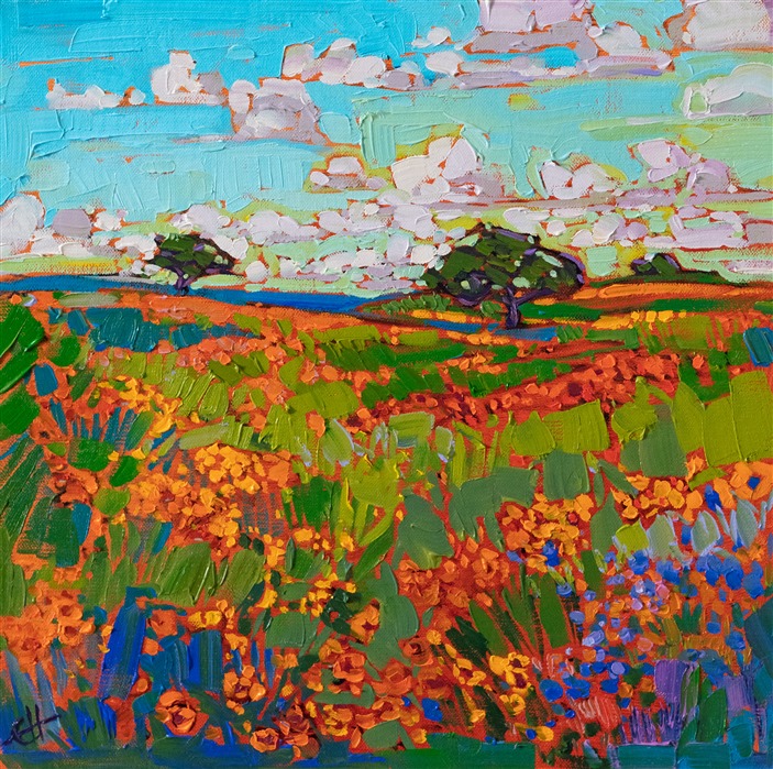 Yellow-golden wildflowers cast an amber glow across the rolling hills and spring green grasses. Impasto strokes of oil paint capture the movement and vibrant color of the scene. A few bluebonnets bloom in the foreground.</p><p>"Amber Hills" was created on fine linen board, and the piece arrives framed in a gold plein air frame.