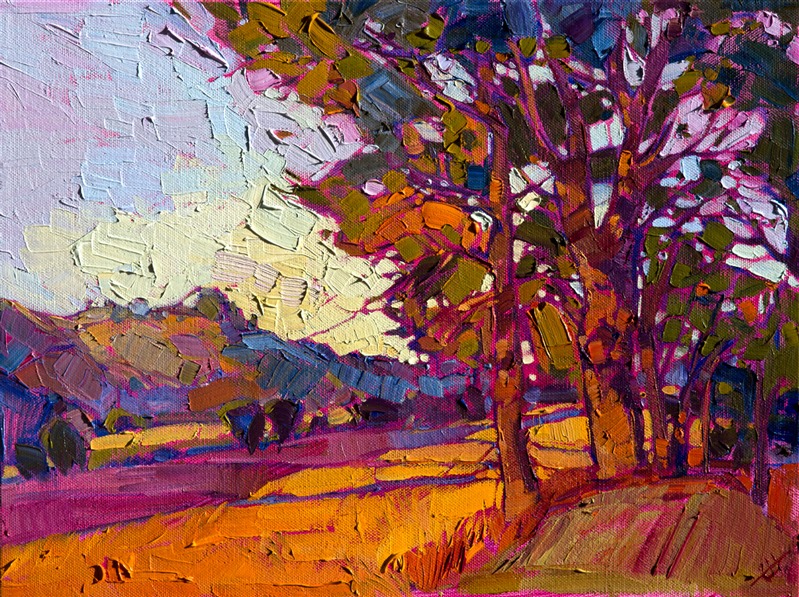 Brilliant color streaks across this landscape as the last rays of late afternoon drench everything in saturated color.  The loose brush strokes capture the immediacy of the moment, holding in time that magical moment just before dusk.</p><p>This small oil painting arrives framed and ready to hang.