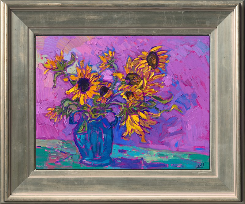 A vase of sunflowers is captured in impasto oils with expressive, painterly brush strokes. The contrast of the lively yellow blooms against a purple amethyst background draws your eye into the painting to explore the movement of the petals.</p><p>"Amethyst Blooms" is an original oil painting on linen board. The piece arrives framed in a plein air frame, ready to hang.