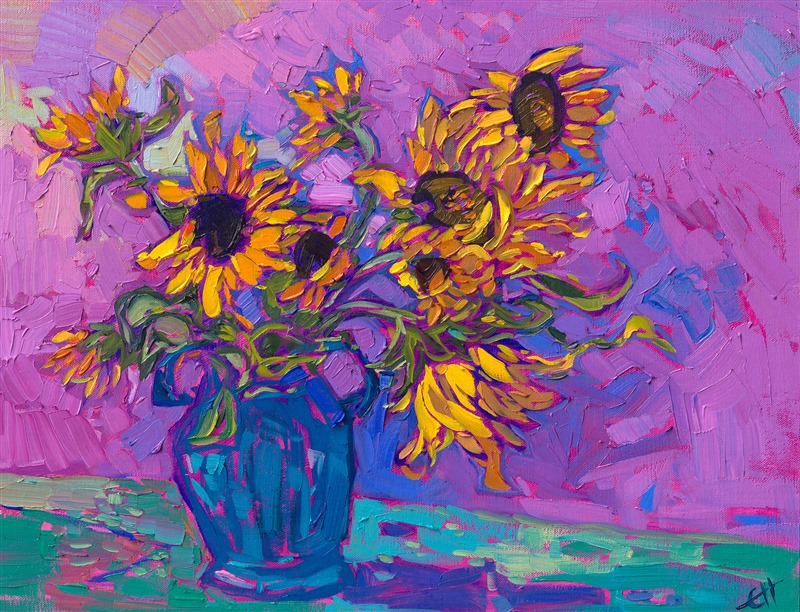 A vase of sunflowers is captured in impasto oils with expressive, painterly brush strokes. The contrast of the lively yellow blooms against a purple amethyst background draws your eye into the painting to explore the movement of the petals.</p><p>"Amethyst Blooms" is an original oil painting on linen board. The piece arrives framed in a plein air frame, ready to hang.