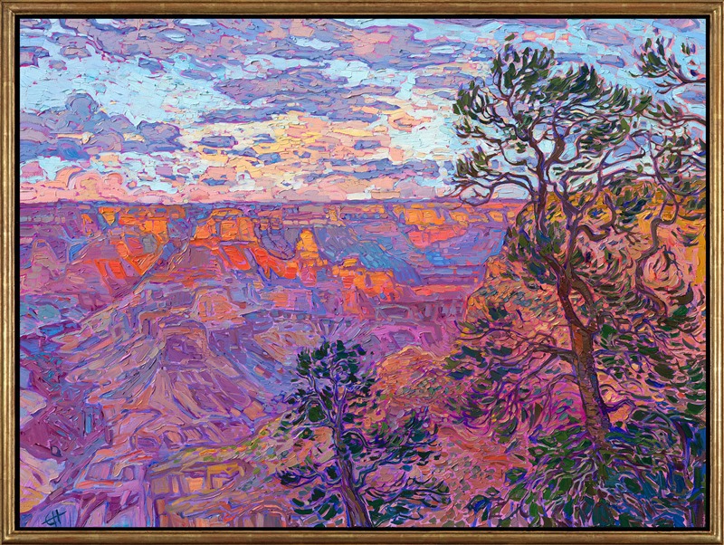 The recognizably rainbow hues of the Grand Canyon pop from the canvas in this oil painting by American impressionist Erin Hanson. The thickly-laden brush strokes create rhythms of texture across the desert landscape. This piece was created in Hanson's signature Open Impressionism technique, with a hint of van Gogh and a dash of plein air style.</p><p>"Amethyst Light" is an original oil painting created on stretched canvas. The piece arrives framed in a contemporary gold floater frame, ready to hang.<br/>