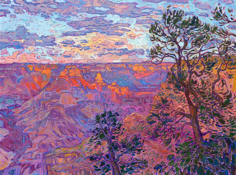 The recognizably rainbow hues of the Grand Canyon pop from the canvas in this oil painting by American impressionist Erin Hanson. The thickly-laden brush strokes create rhythms of texture across the desert landscape. This piece was created in Hanson's signature Open Impressionism technique, with a hint of van Gogh and a dash of plein air style.</p><p>"Amethyst Light" is an original oil painting created on stretched canvas. The piece arrives framed in a contemporary gold floater frame, ready to hang.<br/>