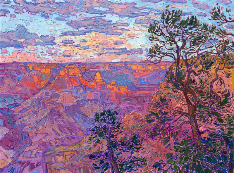 The recognizably rainbow hues of the Grand Canyon pop from the canvas in this oil painting by American impressionist Erin Hanson. The thickly-laden brush strokes create rhythms of texture across the desert landscape. This piece was created in Hanson's signature Open Impressionism technique, with a hint of van Gogh and a dash of plein air style.

"Amethyst Light" is an original oil painting created on stretched canvas. The piece arrives framed in a contemporary gold floater frame, ready to hang.
