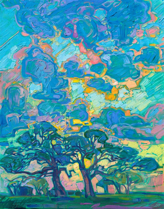 A pair of ancient oak trees stand on a low horizon, their long branches interlacing in abstract patterns. Overhead, the sky glows with rich, saturated color. </p><p>"Ancient Oaks" is an original oil painting on stretched canvas. The piece is framed in a burnished silver floater frame, ready to hang.