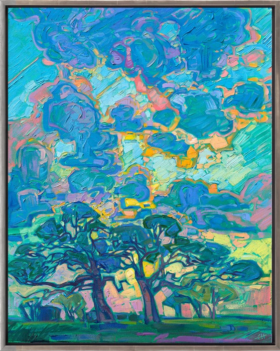 A pair of ancient oak trees stand on a low horizon, their long branches interlacing in abstract patterns. Overhead, the sky glows with rich, saturated color. </p><p>"Ancient Oaks" is an original oil painting on stretched canvas. The piece is framed in a burnished silver floater frame, ready to hang.