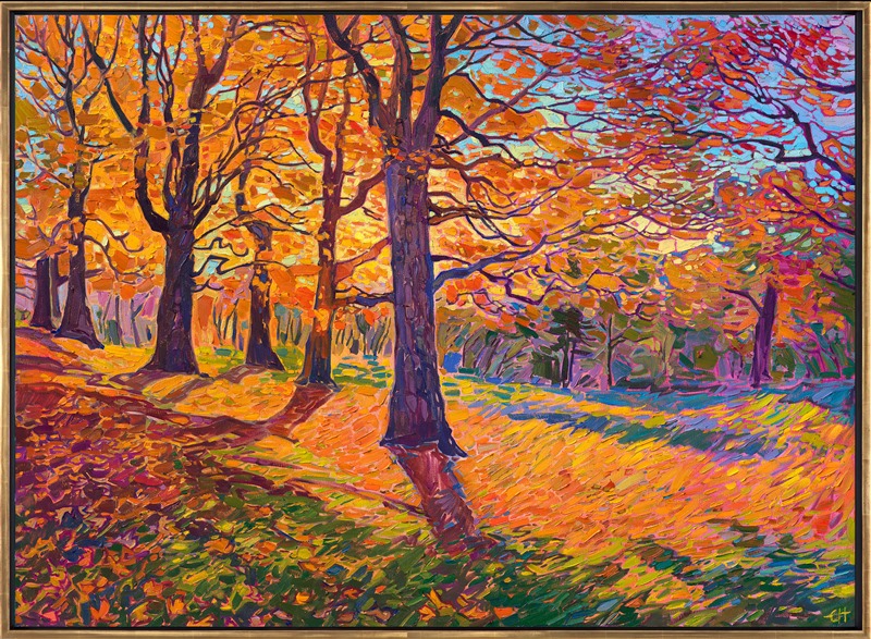 Rich hues of orange and gold blanket the landscape with fall color in this painting of the Blue Ridge Mountains in South Carolina. This painting was inspired by a hike through the Cone Manor property. The late afternoon shadows cast dramatic, abstract shapes across the leaf-covered grass. </p><p>"Appalachian Oaks" is an original oil painting on stretched canvas. The piece arrives framed in a contemporary floater frame finished in burnished, 23kt gold leaf.