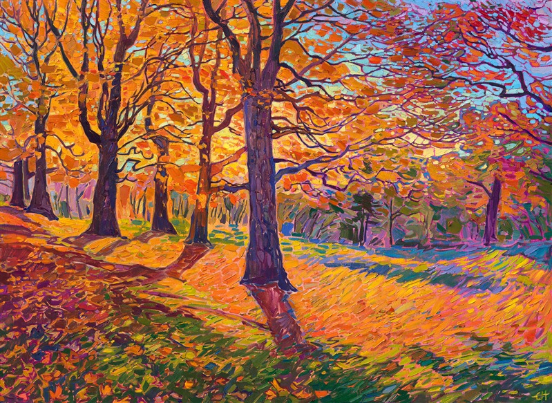 Rich hues of orange and gold blanket the landscape with fall color in this painting of the Blue Ridge Mountains in South Carolina. This painting was inspired by a hike through the Cone Manor property. The late afternoon shadows cast dramatic, abstract shapes across the leaf-covered grass. </p><p>"Appalachian Oaks" is an original oil painting on stretched canvas. The piece arrives framed in a contemporary floater frame finished in burnished, 23kt gold leaf.