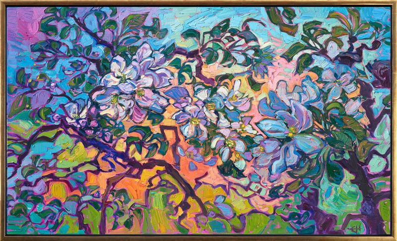 Spring in Oregon is alive with fruit trees blooming in soft hues of white and pink, from cherry trees to plum trees to apple trees. This painting is inspired by an old apple tree orchard on my property in Oregon's Willamette Valley. This spring the blooms were the most beautiful I have ever seen, especially when catching the last warm rays of afternoon.</p><p>"Apple Blooms" is an original oil painting on stretched canvas. The piece arrives framed in a 23kt gold floater frame finished with dark, pebbled sides.