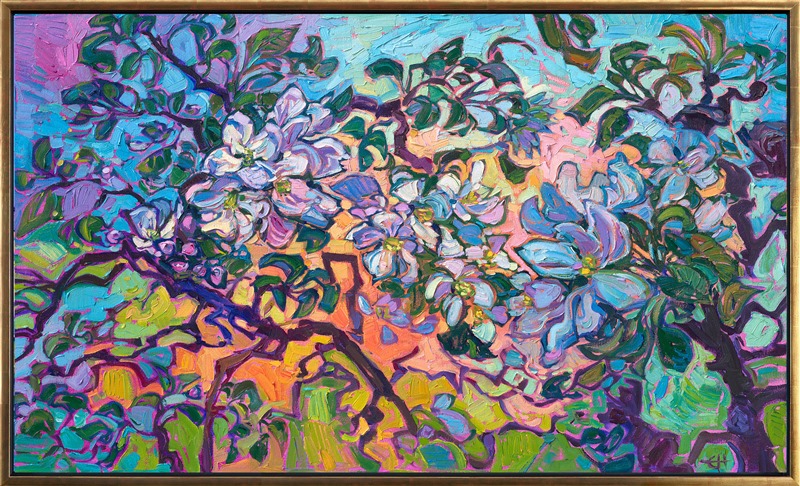 Spring in Oregon is alive with fruit trees blooming in soft hues of white and pink, from cherry trees to plum trees to apple trees. This painting is inspired by an old apple tree orchard on my property in Oregon's Willamette Valley. This spring the blooms were the most beautiful I have ever seen, especially when catching the last warm rays of afternoon.</p><p>"Apple Blooms" is an original oil painting on stretched canvas. The piece arrives framed in a 23kt gold floater frame finished with dark, pebbled sides.