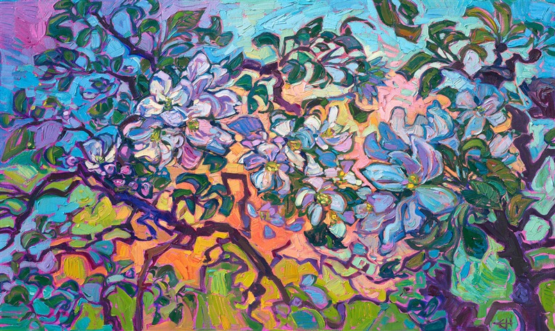 Spring in Oregon is alive with fruit trees blooming in soft hues of white and pink, from cherry trees to plum trees to apple trees. This painting is inspired by an old apple tree orchard on my property in Oregon's Willamette Valley. This spring the blooms were the most beautiful I have ever seen, especially when catching the last warm rays of afternoon.</p><p>"Apple Blooms" is an original oil painting on stretched canvas. The piece arrives framed in a 23kt gold floater frame finished with dark, pebbled sides.