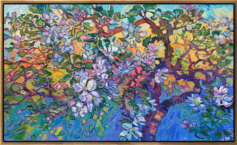 My property in Oregon wine country has a grove of 30-year-old apple trees. The gnarled branches send off fresh shoots every year, and this spring the apple blossoms were the most beautiful I have ever seen. This painting captures the beautiful colors of spring with oil paint and brush.</p><p>"Apple Blossoms" is an original oil painting by Erin Hanson, painted in her signature Open Impressionism style, and is now featured on <a href="https://www.erinhanson.com/blog?p=ErinHansonFrameTV">Samsung Frame TV</a>.