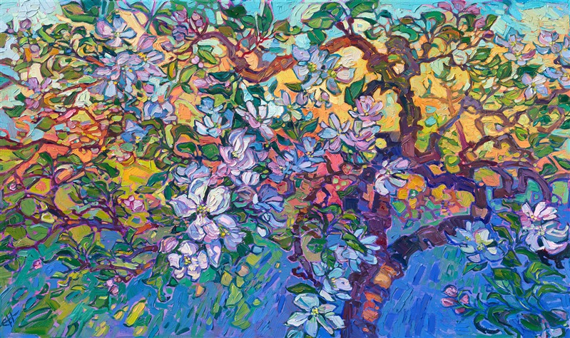 My property in Oregon wine country has a grove of 30-year-old apple trees. The gnarled branches send off fresh shoots every year, and this spring the apple blossoms were the most beautiful I have ever seen. This painting captures the beautiful colors of spring with oil paint and brush.

"Apple Blossoms" is an original oil painting by Erin Hanson, painted in her signature Open Impressionism style, and is now featured on <a href="https://www.erinhanson.com/blog?p=ErinHansonFrameTV">Samsung Frame TV</a>.