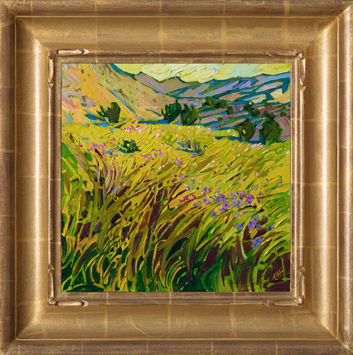 The landscape north of Alpine, Texas, in Big Bend Country, is drenched in colors of spring: apple green grass and purple wildflowers cover the rolling hills and plateaus of this diverse landscape.</p><p>This painting will be on display at the Museum of the Big Bend, during the solo exhibition <i><a href="https://www.erinhanson.com/Event/MuseumoftheBigBend" target="_blank">Erin Hanson: Impressions of Big Bend Country.</a></i> This painting will be ready to ship after January 10th, 2019. <a href="https://www.erinhanson.com/Portfolio?col=Big_Bend_Museum_Show_2018">Click here</a> to view the collection.</p><p>This painting has been framed in a custom-made gold frame. The painting arrives ready to hang.