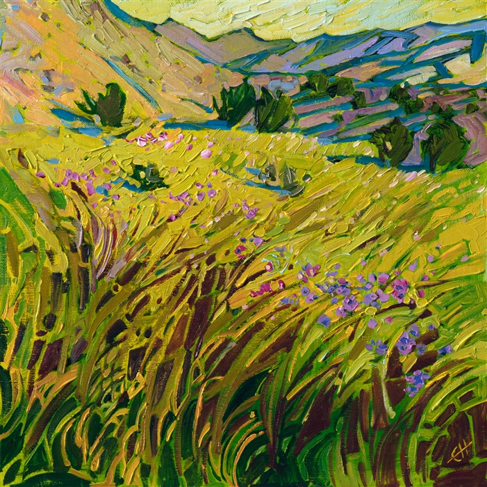 The landscape north of Alpine, Texas, in Big Bend Country, is drenched in colors of spring: apple green grass and purple wildflowers cover the rolling hills and plateaus of this diverse landscape.</p><p>This painting will be on display at the Museum of the Big Bend, during the solo exhibition <i><a href="https://www.erinhanson.com/Event/MuseumoftheBigBend" target="_blank">Erin Hanson: Impressions of Big Bend Country.</a></i> This painting will be ready to ship after January 10th, 2019. <a href="https://www.erinhanson.com/Portfolio?col=Big_Bend_Museum_Show_2018">Click here</a> to view the collection.</p><p>This painting has been framed in a custom-made gold frame. The painting arrives ready to hang.