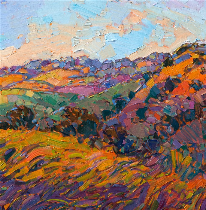 Apricot-colored hills are formed from thick layers of impasto oil paint, the hills speckled with California oak trees. The late spring grasses curve and dance in the wind, pulling the eye deeper into the painting. This landscape captures the fleeting beauty and vibrancy of an early dawn over California wine country.</p><p>This painting was created on 1-1/2" deep canvas, with the painting continued around the edges. The painting is framed in a gold floater frame with black sides. It arrives wired and ready to hang.