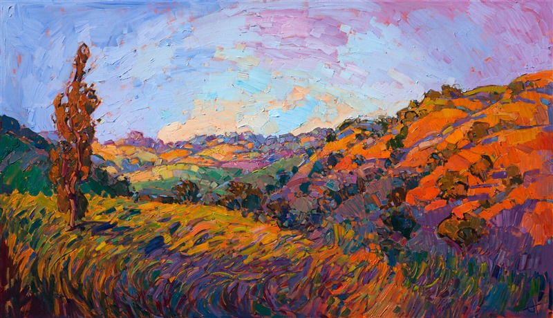 Apricot-colored hills are formed from thick layers of impasto oil paint, the hills speckled with California oak trees. The late spring grasses curve and dance in the wind, pulling the eye deeper into the painting. This landscape captures the fleeting beauty and vibrancy of an early dawn over California wine country.

This painting was created on 1-1/2" deep canvas, with the painting continued around the edges. The painting is framed in a gold floater frame with black sides. It arrives wired and ready to hang.