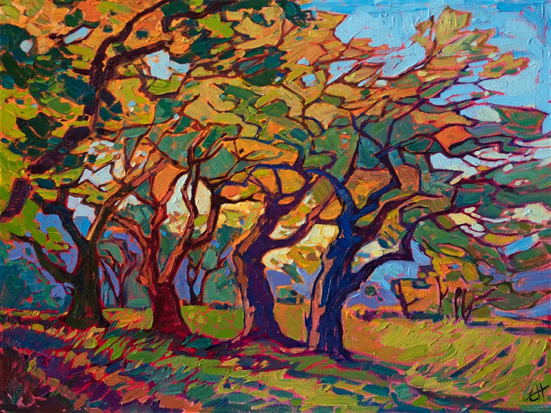 The oak tree branches criss-cross together, forming an abstract, stained-glass pattern of color across the canvas. The brush strokes are loose and impressionistic, capturing the beauty of the outdoors.</p><p>This painting was created on 1/8" linen board. The piece arrives framed in a gold plein-air frame.