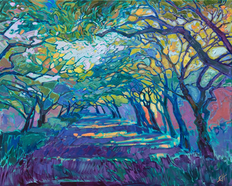 Overhanging and intertwining tree branches form an arbor of color over this pathway. The afternoon light filters down through the branches and sends sparkling light along the cool, grassy path. The impressionistic brush strokes capture the vibrant color of the scenery.</p><p>"Arbor Path" was created on 1-1/2" canvas, with the painting continued around the edges. The piece arrives framed in a gold floating frame. 