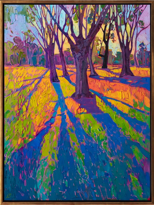 Inspired by a rainy day that suddenly cleared at the Big Canyon Country Club, this painting captures the crystal light that shone through in the late afternoon, casting long shadows against the apple-green grass.</p><p>"Arbor of Light" was created on 1-1/2 canvas, with the painting continued around the edges. The painting arrives framed in a contemporary gold floater frame, ready to hang.