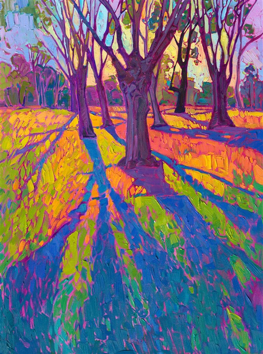 Inspired by a rainy day that suddenly cleared at the Big Canyon Country Club, this painting captures the crystal light that shone through in the late afternoon, casting long shadows against the apple-green grass.

"Arbor of Light" was created on 1-1/2 canvas, with the painting continued around the edges. The painting arrives framed in a contemporary gold floater frame, ready to hang.