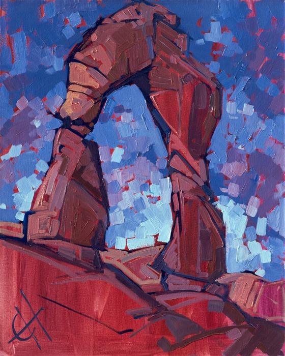 This painting was included in the exhibition <i><a href="https://www.erinhanson.com/Event/ContemporaryImpressionismatGoddardCenter" target="_blank">Open Impressionism: The Works of Erin Hanson</i></a>, a 10-year retrospective and study of the development of Open Impressionism at The Goddard Center in Ardmore, OK. 

Exhibited: <i>Erin Hanson: Landscapes of the West</i> at Sears Art Museum in St. George, Utah, in 2024.

About the painting:
After seeing photos of Delicate Arch, Hanson made the journey to Arches to see the amazing rock formations for herself.  She has since explored Arches National Park a half dozen times, each time finding something new in the changing desert. This was one of the first paintings Hanson created of Delicate Arch.

This painting was created on 1-1/2" canvas, with the painting continued around the edges.  It has been framed in a gold floater frame.
