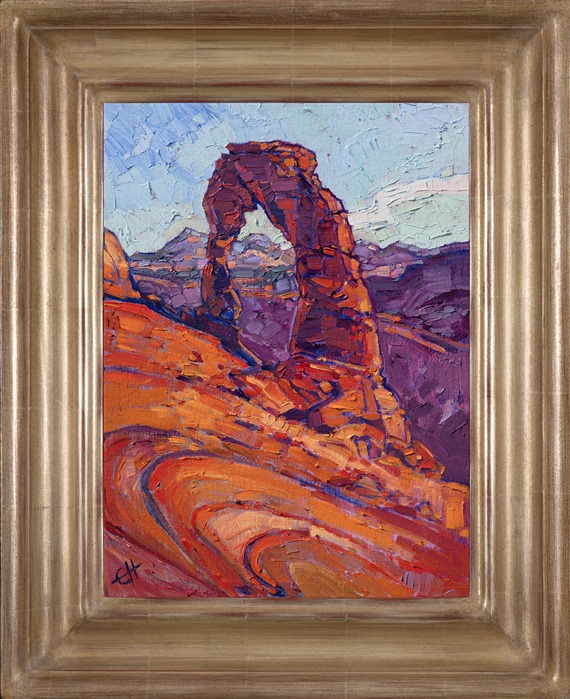 Arches National Park has always been one of my favorite places to paint.  I love the deep, rich tones of the sandstone, the subtle lavender shadows, and the abstract shapes of the rock formations.  This is a painting of Delicate Arch and the wide surrounding vista.</p><p>This work was done on 1/8" canvas board, and it arrives framed and ready to hang.</p><p>Exhibited: Desert Caballeros Western Museum, as part of the Cowgirl Up! exhibition.</a>