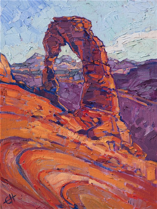 Arches National Park has always been one of my favorite places to paint.  I love the deep, rich tones of the sandstone, the subtle lavender shadows, and the abstract shapes of the rock formations.  This is a painting of Delicate Arch and the wide surrounding vista.</p><p>This work was done on 1/8" canvas board, and it arrives framed and ready to hang.</p><p>Exhibited: Desert Caballeros Western Museum, as part of the Cowgirl Up! exhibition.</a>