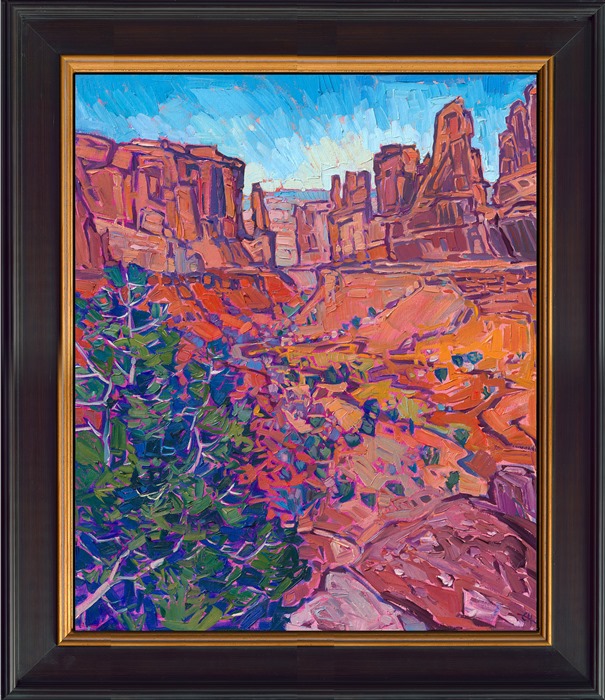 Bold, impressionistic colors capture Arches National Park the way it feels to be standing at the first viewpoint in Arches, looking down at the red rock valley, surrounded by mighty, surreal fins and buttes. This painting captures all the beautiful colors of southwestern Utah.</p><p>"Arches Color" is an original oil painting created on linen board. The piece arrives framed in a black and gold plein air frame, ready to hang.
