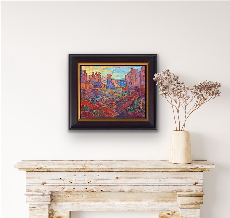 Arches National Park is painted in the beautiful hues of the desert at sunrise: buttery oranges against rich purples and turquoise. The brush strokes in this painting are loose and expressive, capturing the beauty of nature with separated brush strokes that accentuate the light of the desert.</p><p>