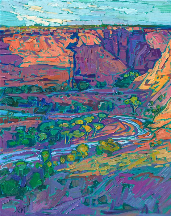 Canyon de Chelly is the less-visited little sister of the Grand Canyon. The orange and pink cliff sides descend to a lush valley floor that is green with grazing grass and cottonwood trees in the springtime. This contemporary impressionist painting captures the first light of dawn into the canyon.</p><p>"Arizona Canyon" is an original oil painting on linen board. The piece arrives in a black and gold plein air frame, ready to hang.