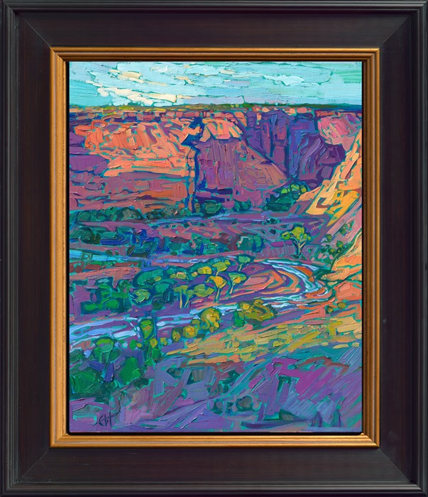 Canyon de Chelly is the less-visited little sister of the Grand Canyon. The orange and pink cliff sides descend to a lush valley floor that is green with grazing grass and cottonwood trees in the springtime. This contemporary impressionist painting captures the first light of dawn into the canyon.</p><p>"Arizona Canyon" is an original oil painting on linen board. The piece arrives in a black and gold plein air frame, ready to hang.