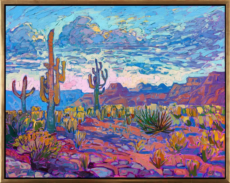 The stately saguaro stands tall against a desert backdrop rich with color. This painting was inspired by the landscape near Scottsdale, Arizona. The brush strokes are loose and expressive, capturing the movement and vibrant hues of the vista.</p><p>"Arizona Clouds" is an original oil painting on 1-1/2" deep canvas. The piece has been framed in a contemporary gold floater frame. "Arizona Clouds" will be on display at the Desert Caballeros Museums and will be available to purchase through their annual <a href="https://westernmuseum.org/about-cowgirl-up/" target="_blank">Cowgirl Up!</a> exhibition.