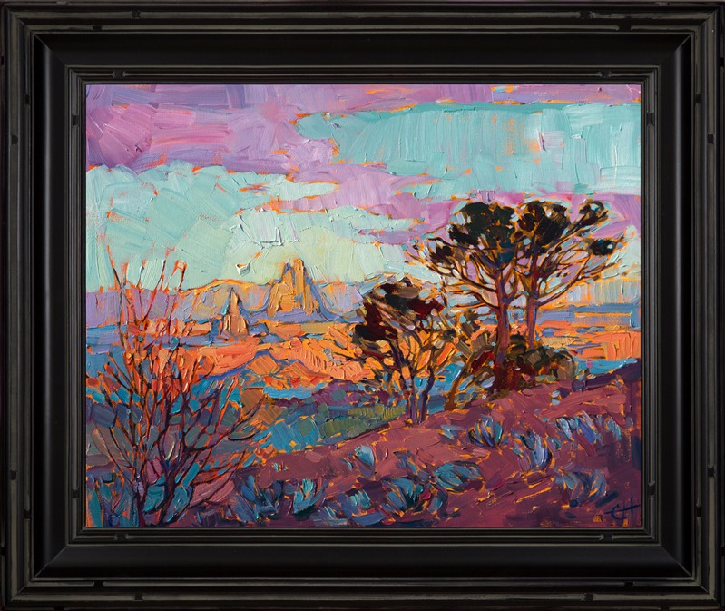 Brilliant desert color comes alive in this oil painting of Arizona.  This painting was inspired by the landscape north of the Grand Canyon.  The early winter air was clear and crisp, and you could see for miles and miles towards the distant buttes.</p><p>This painting was done on 3/4"-deep stretched canvas. It has been framed in a classic plein air frame and arrives wired and ready to hang.