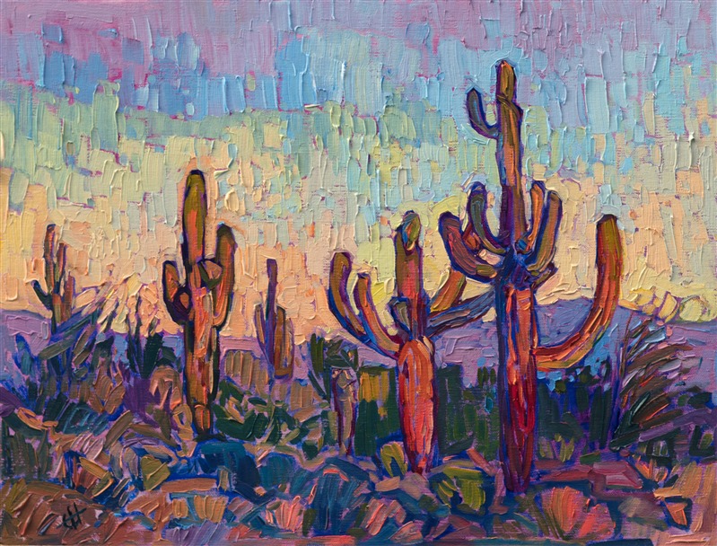 This painting captures the stately saguaro north of Scottsdale, Arizona. The early morning light casts warm shades of sherbet across the prickly landscape.</p><p>This painting was created on linen board, and it arrives ready to hang in a custom-made frame.