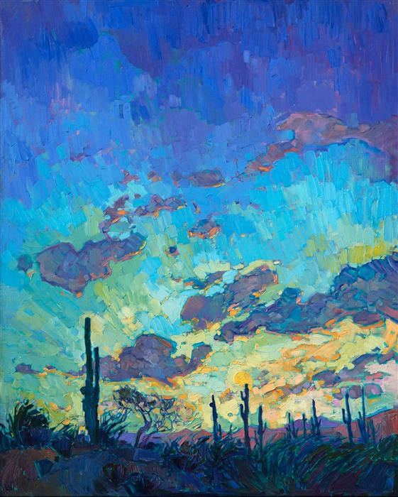 A dramatic sky in blue and green lights up the backdrop to this Arizona landscape. The stately saguaros gather together in preparation for night, the distant mountains catching the last warm rays of day. The brush strokes in this oil painting are thick and impressionistic, creating a mosaic of color and texture across the canvas.</p><p>This painting was done on 1-1/2" canvas, with the painting continued around the edges for a finished look.  The painting has been framed in a gold floater frame.