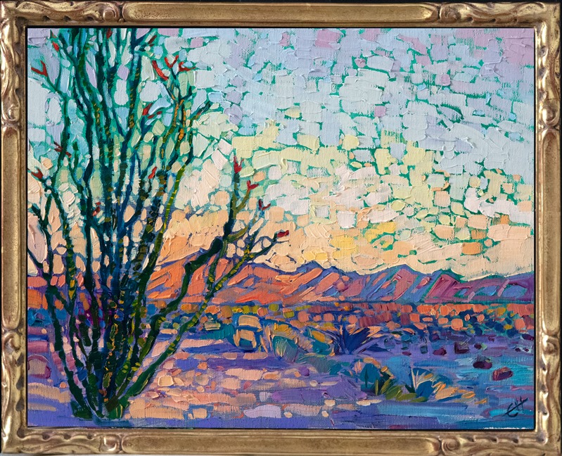 A lone ocotillo stands against a backdrop of fading color, the last light of day illuminating the distant buttes with shades of pink and orange. Long purple and blue shadows stretch across the sandy desert floor, and a beautiful sky in the colors of Arizona covers the heavens above.</p><p>"Arizona Sky" was created on linen board, and it arrives framed in a hand-carved and gilded frame.