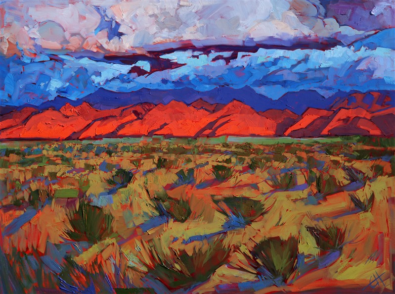 A wild, stormy afternoon, driving across the long highways of Arizona, inspired this bold and colorful painting.