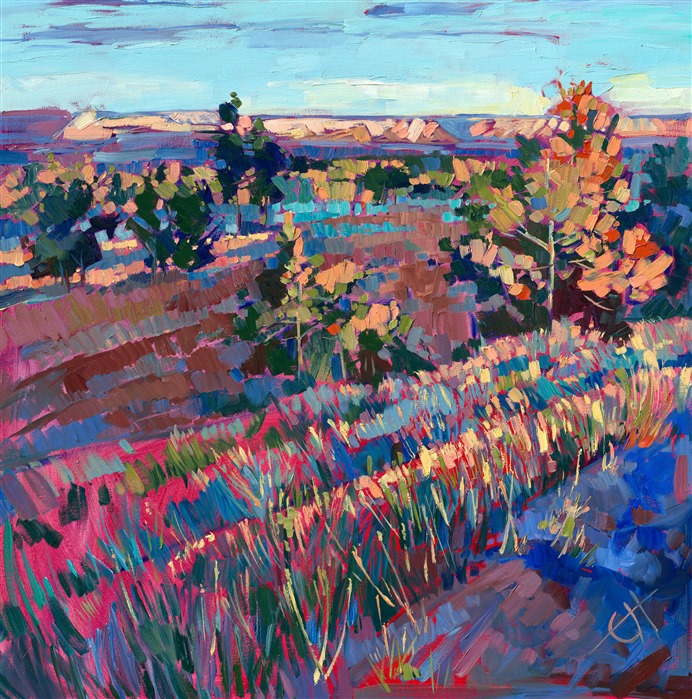 This painting was included in the exhibition <i><a href="https://www.erinhanson.com/Event/ContemporaryImpressionismatGoddardCenter" target="_blank">Open Impressionism: The Works of Erin Hanson</i></a>, a 10-year retrospective and study of the development of Open Impressionism at The Goddard Center in Ardmore, OK. </p><p>About the painting:<br/>This painting of the Arizona high desert captures the beautiful late afternoon light at the beginning of summer. The colors are electric against the contrasting shadows.  Notice how this color palette in this painting compares with the colors in other paintings from this time period.