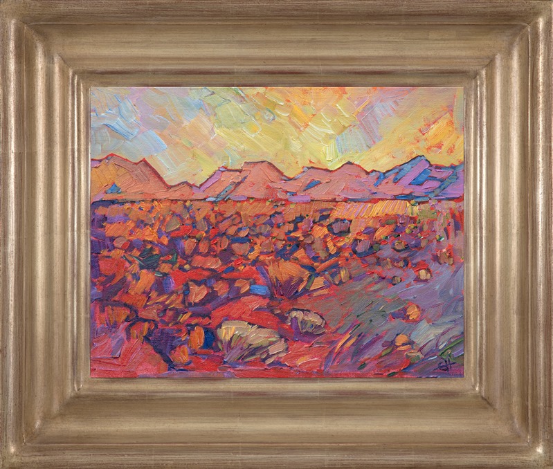 The wide open expanse of Arizona is one of the most inspiring places for me to paint.  Every time I see the sun go down over a set of distant buttes, each desert scrub plant catching the colorful rays, it makes me want to grab out my paints and start painting immediately.</p><p>This painting was done on 1/8" canvas, and it arrives framed and ready to hang.</p><p>Exhibited: Desert Caballeros Western Museum, as part of the Cowgirl Up! exhibition.</a>