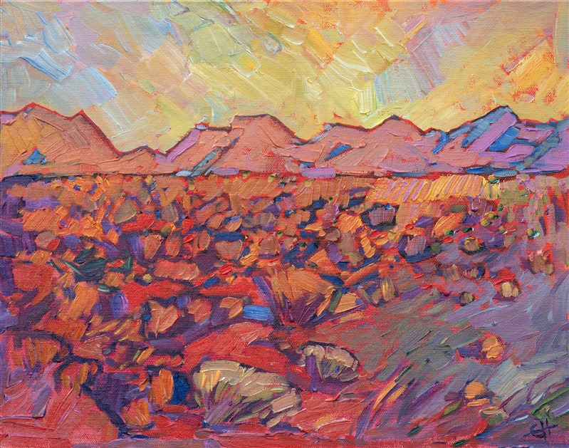 The wide open expanse of Arizona is one of the most inspiring places for me to paint.  Every time I see the sun go down over a set of distant buttes, each desert scrub plant catching the colorful rays, it makes me want to grab out my paints and start painting immediately.</p><p>This painting was done on 1/8" canvas, and it arrives framed and ready to hang.</p><p>Exhibited: Desert Caballeros Western Museum, as part of the Cowgirl Up! exhibition.</a>