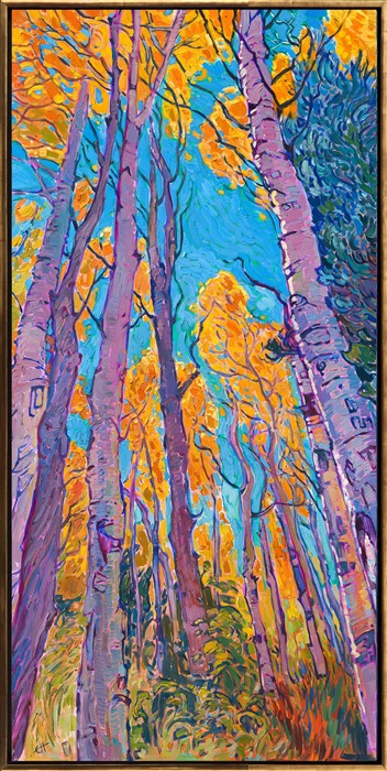 Stately aspens tower high above against an October blue sky. This painting of Cedar Breaks National Monument in southern Utah captures the vibrant hues of the quaking aspen in autumn glory. Thick brush strokes of oil paint add dimension and movement to the painting.</p><p><b>Note:<br/>"Aspen Blues" is available for pre-purchase and will be included in the <i><a href="https://www.erinhanson.com/Event/SearsArtMuseum" target="_blank">Erin Hanson: Landscapes of the West</a> </i>solo museum exhibition at the Sears Art Museum in St. George, Utah. This museum exhibition, located at the gateway to Zion National Park, will showcase Erin Hanson's largest collection of Western landscape paintings, including paintings of Zion, Bryce, Arches, Cedar Breaks, Arizona, and other Western inspirations. The show will be displayed from June 7 to August 23, 2024.</p><p>You may purchase this painting online, but the artwork will not ship after the exhibition closes on August 23, 2024.</b><br/><p>