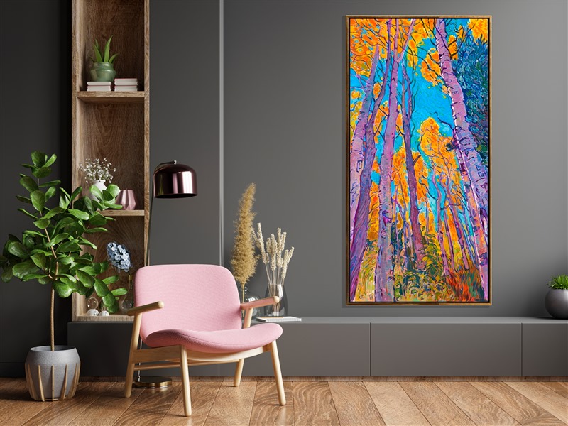 Stately aspens tower high above against an October blue sky. This painting of Cedar Breaks National Monument in southern Utah captures the vibrant hues of the quaking aspen in autumn glory. Thick brush strokes of oil paint add dimension and movement to the painting.</p><p>This painting was exhibited at <i>Erin Hanson: Landscapes of the West </i> solo museum exhibition at the Sears Art Museum in St. George, Utah.