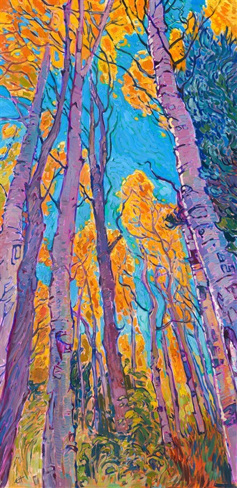 Stately aspens tower high above against an October blue sky. This painting of Cedar Breaks National Monument in southern Utah captures the vibrant hues of the quaking aspen in autumn glory. Thick brush strokes of oil paint add dimension and movement to the painting.

This painting was exhibited at <i>Erin Hanson: Landscapes of the West </i> solo museum exhibition at the Sears Art Museum in St. George, Utah.