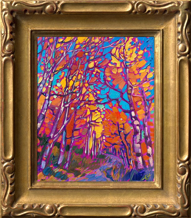 Bold hues of fiery color illuminate the landscape in this petite oil painting of Colorado aspen trees. The bright blue of the sky peeks out between the branches, creating a vibrant medley of color and texture.</p><p>"Aspen Color" was created on fine linen board, and the painting arrives framed in a plein air frame, ready to hang.