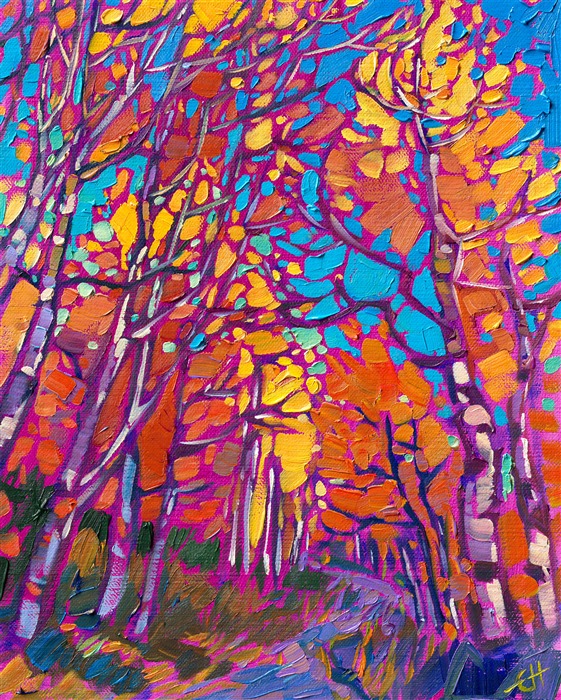 Bold hues of fiery color illuminate the landscape in this petite oil painting of Colorado aspen trees. The bright blue of the sky peeks out between the branches, creating a vibrant medley of color and texture.</p><p>"Aspen Color" was created on fine linen board, and the painting arrives framed in a plein air frame, ready to hang.