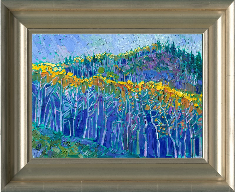 The cool hues of early dawn are illuminated suddenly by a streak of sunlight across the tops of the aspen groves, bringing in the bright colors of sunlight into the landscape. The brush strokes in this oil painting are thick and impressionistic, alive with motion and contrasting textures.</p><p>"Aspen Dawn" was created on 1/8" linen board. The painting arrives framed in a black and gold plein air frame.